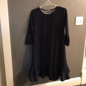 3 quarter length navy with white polka dot dress